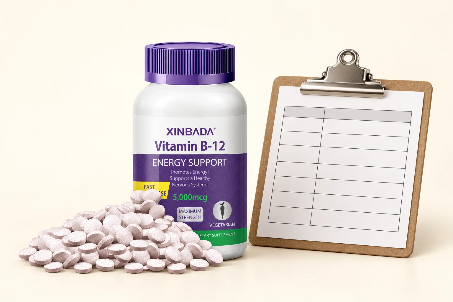 XINBADA Vitamin B-12 bottle and tablets beside a blank review sheet, illustrating package identity