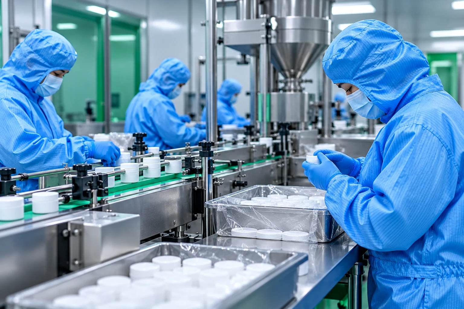 Protected staff beside stainless packing equipment in a production-process illustration