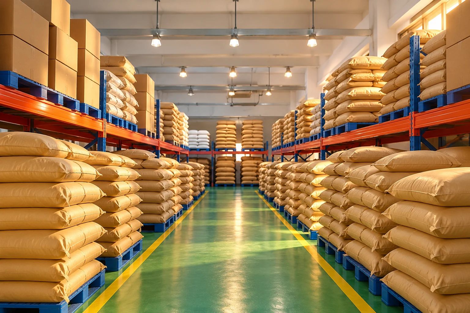 Closed sacks and cartons on warehouse racks along a clear aisle in a storage-planning illustration