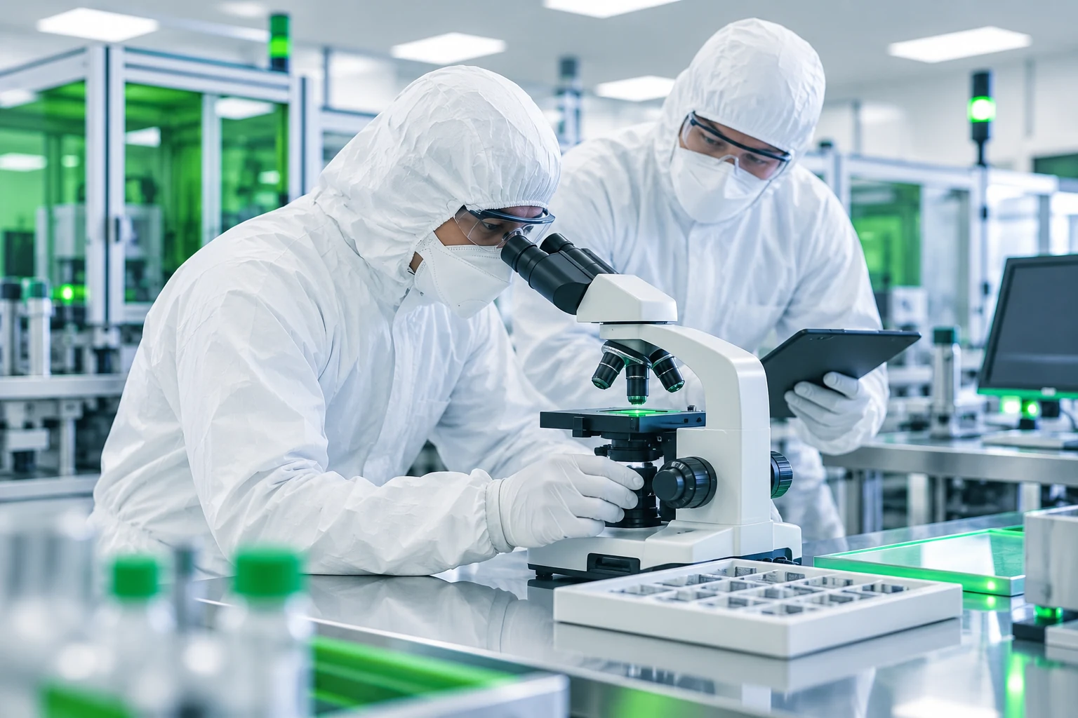 Protected technicians at a microscope in a laboratory illustration for reviewing supporting evidence